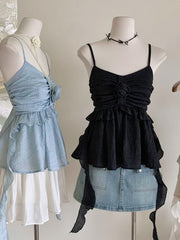 Voguable  Summer Women Sweet Halter Top Cute Core Gyaru French Vintage Camisole Coquette 2000s Aesthetic Ruffle Mori Girl Hot Sexy Kawaii voguable