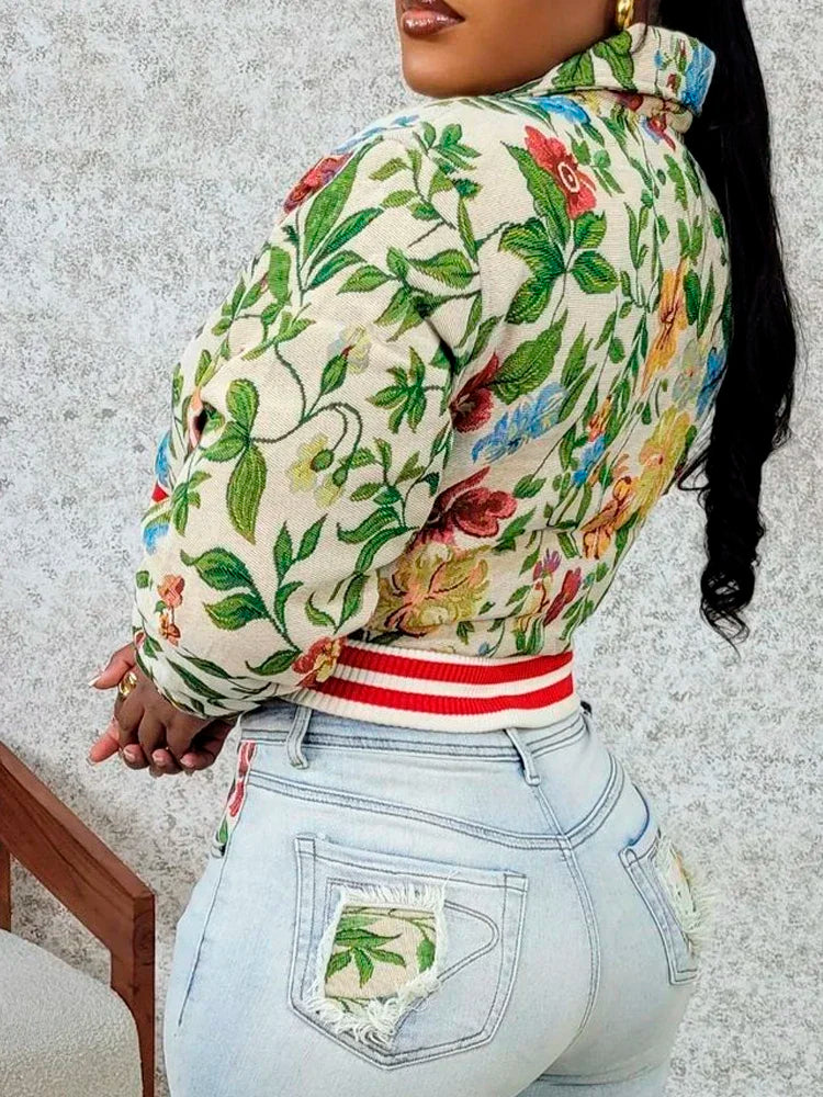 Voguable  Retro Floral Jacquard Varsity Sexy Cropped Jackets Women Autumnn Winter Fashion Long Sleeve Striped Baseball Coats Female voguable