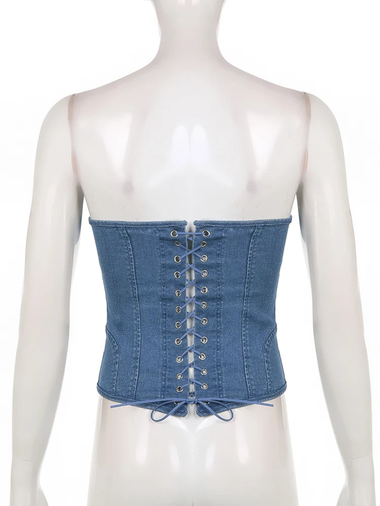 Voguable Sexy Denim Corset Strapless Crop Tube Top Summer Solid Off Shoulder Bustier Party Sleeveless Tank Tops Women Clubwear voguable