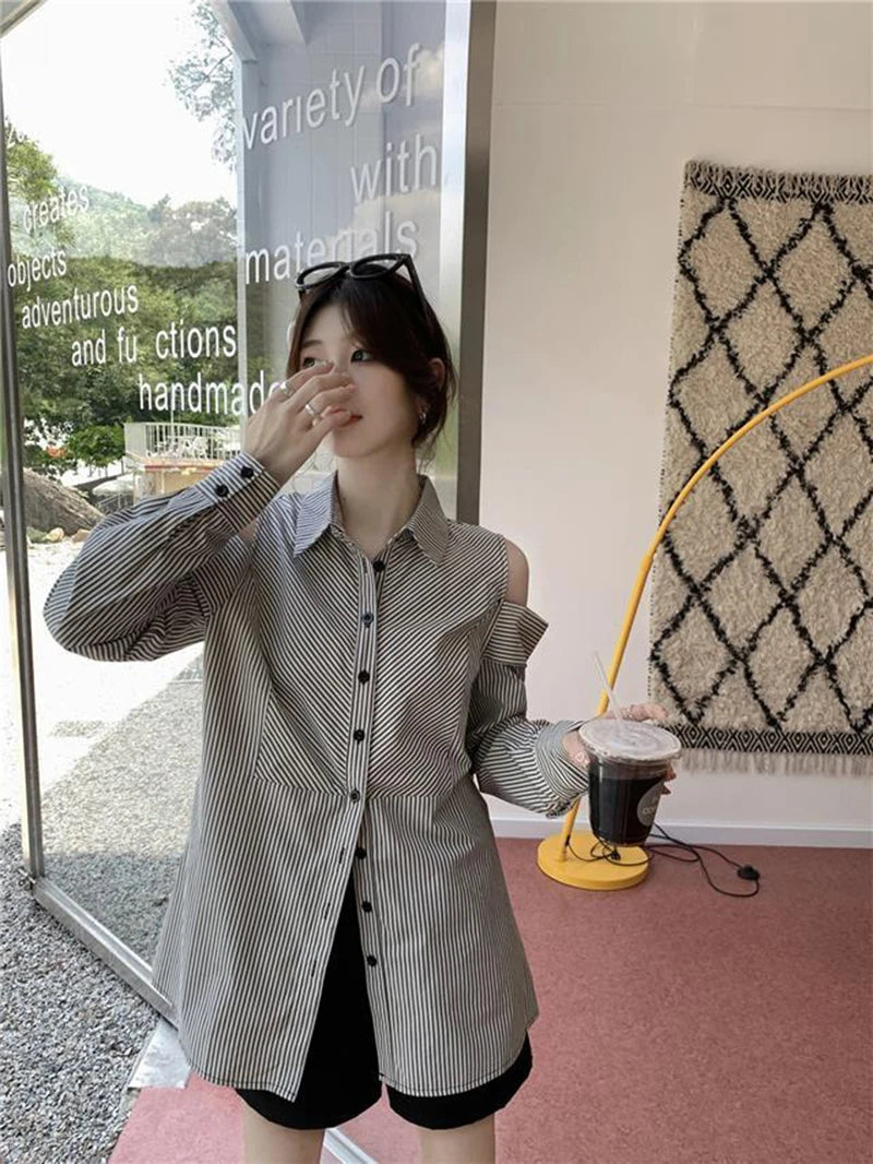 Hollow Out Striped Shirt Women Casual Long Sleeve Off Shoulder Blouse Korean Vintage Loose Design Female Retro Elegant Top voguable