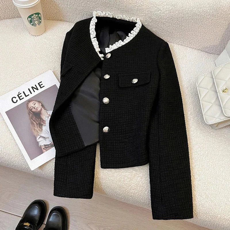 Black Slim Elegant Tweed Jacket Women Vintage Lace Patchwork Long Sleeve Sweet Coat Fall Winter French Casual Retro Tops voguable