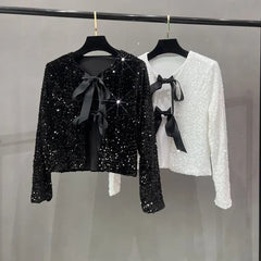 Voguable  Korean version name Warm air short version Small fragrant sequins Small suit Light ripe wind BINGBING bead lace-up bow top voguable