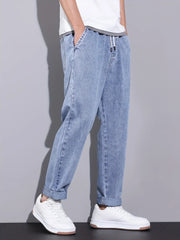 Voguable  Men's Straight-Leg Jeans with Adjustable Drawstring Waist, Made of Breathable and Soft Fabric, Loose Casual Style. voguable