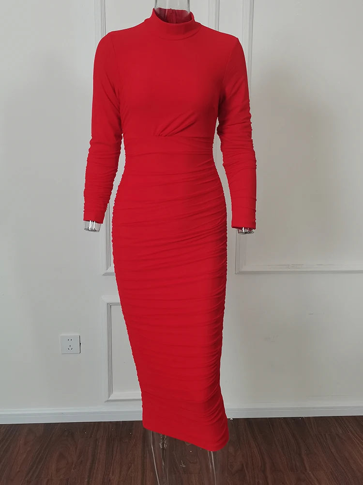 Voguable  Y2k Solid Color Bodycon Party Long Dress Elegant Long Sleeve Slim Fit Party Dress Skinny O-neck Women's Floor-length Dress voguable