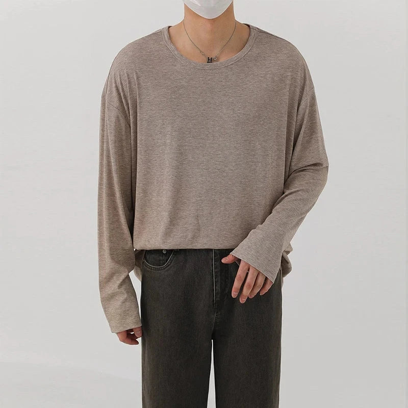 Korean Fashion Men T-shirt Luxury Knitted Solid Color Scoop Neck Long Sleeve Tees Casual Premium Quality Textured Knitwear M-3XL voguable