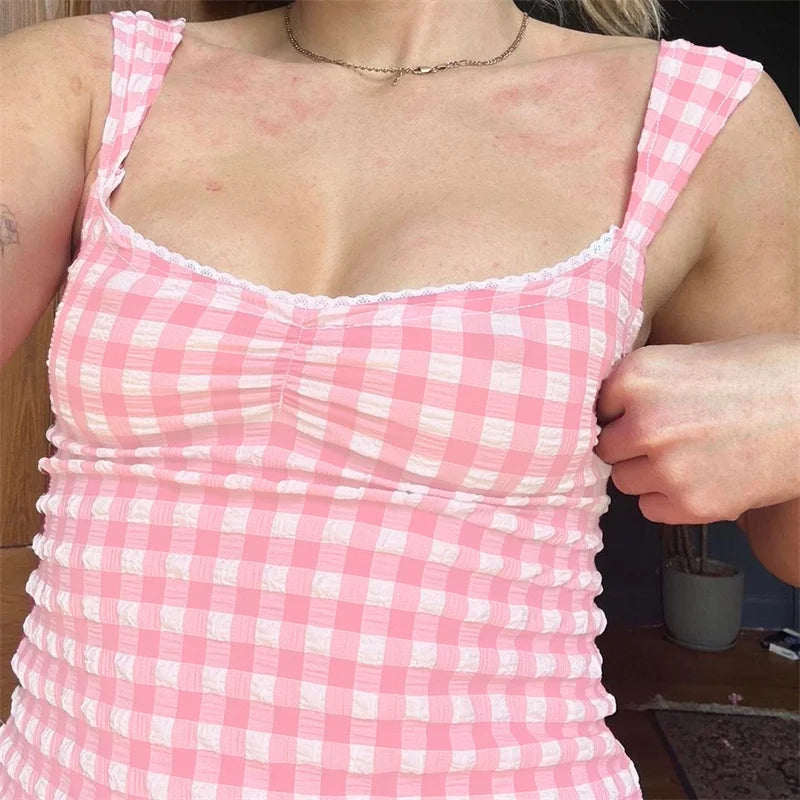 y2k Tops for Women Summer Fairycore Clothing Plaid Print Lace Trim Sleeveless Tanks T Shirts 2000s Clothing Streetwear voguable