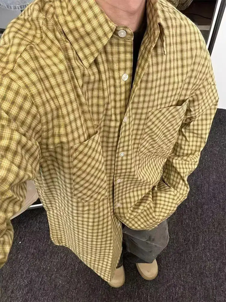 American Retro Yellow Plaid Shirt Men Women Spring and Autumn Korean Casual Loose Sun Protection Thin Couple Fashion Trend Shirt voguable