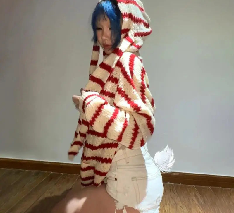 Japanese Y2k Hooded Cardigan 2000s Aesthetics Rabbit Ears Zipper Knitwear Vintage Harajuku Red Stripe Sweater Grunge voguable