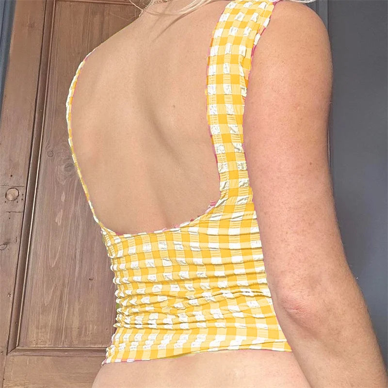y2k Tops for Women Summer Fairycore Clothing Plaid Print Lace Trim Sleeveless Tanks T Shirts 2000s Clothing Streetwear voguable