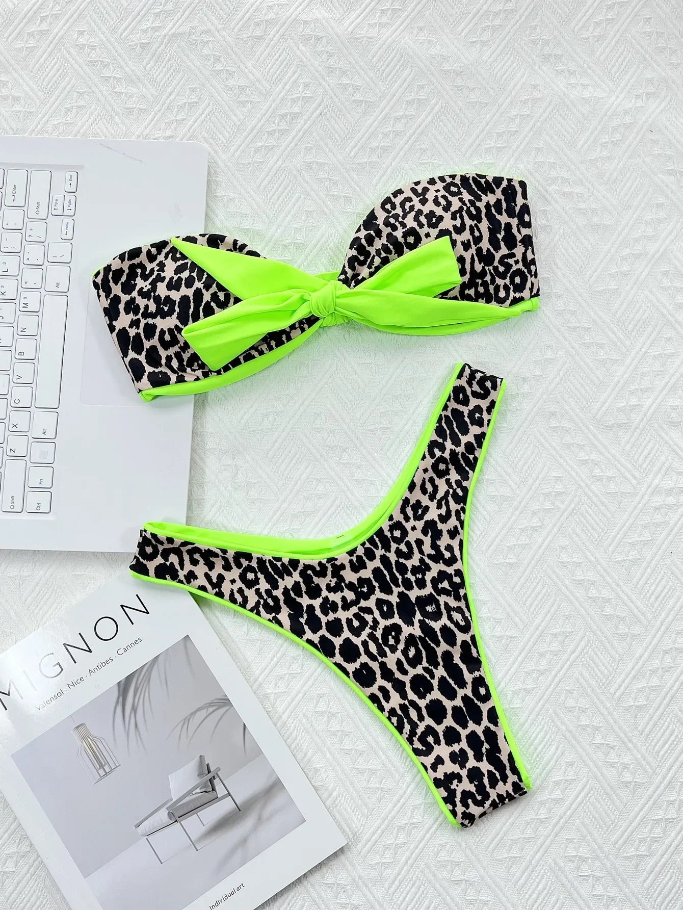 Voguable  Sexy Neon Green Leopard Print Contrast Bikini Front Tie Bandeau Push Up Bra 2 Piece Swimsuit Bathing Suit Bikini Set Summer voguable