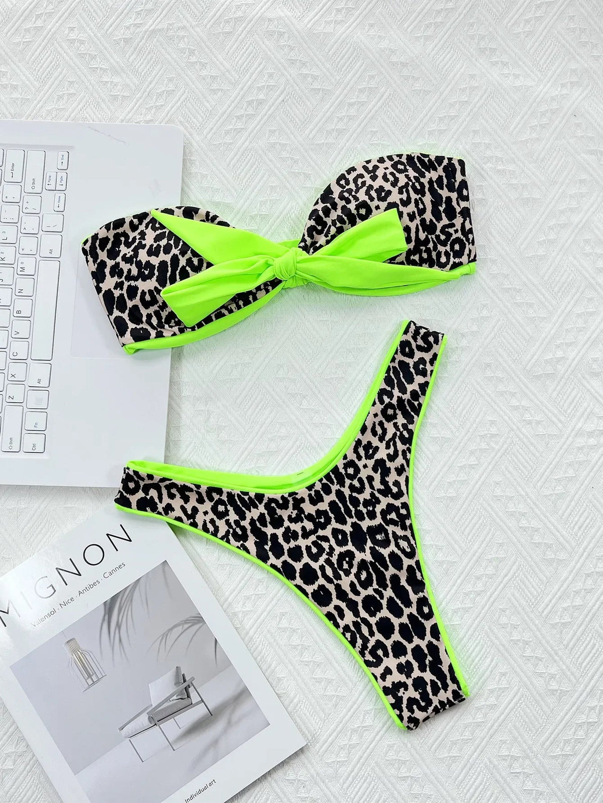 Voguable  Sexy Neon Green Leopard Print Contrast Bikini Front Tie Bandeau Push Up Bra 2 Piece Swimsuit Bathing Suit Bikini Set Summer voguable
