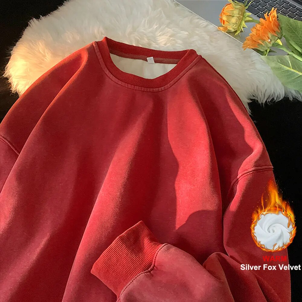 American Washed Old Pullovers Sweatshirts Men Loose Solid Color Autumn Large Size Warm O Neck Tops Hip Hop Y2k Sweatshirt voguable
