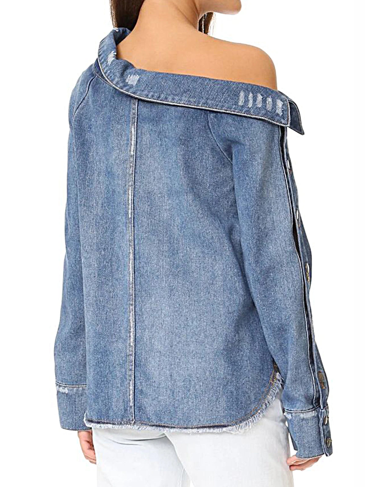 Women Fashion Single Shoulder Asymmetrical Denim Smock Blouse Femme Chic Pocket Buttons Shirt Chemise Blusas Tops voguable