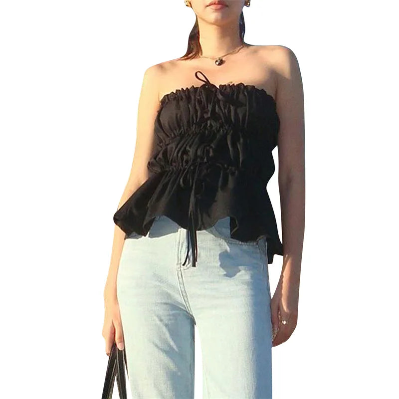 Tube Tops y2k Clothes Women Solid Color Off Shoulder Strapless Sleeveless Ruched Bandeau Tie Up Vest 2000s Streetwear voguable