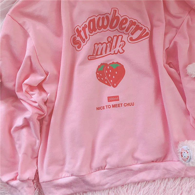 S-3XL Harajuku Kawaii Sweatshirt Strawberry Pink Sweatshirts Spring Kpop Korean Style Fleece Women Cute Top Outwear for Girls voguable