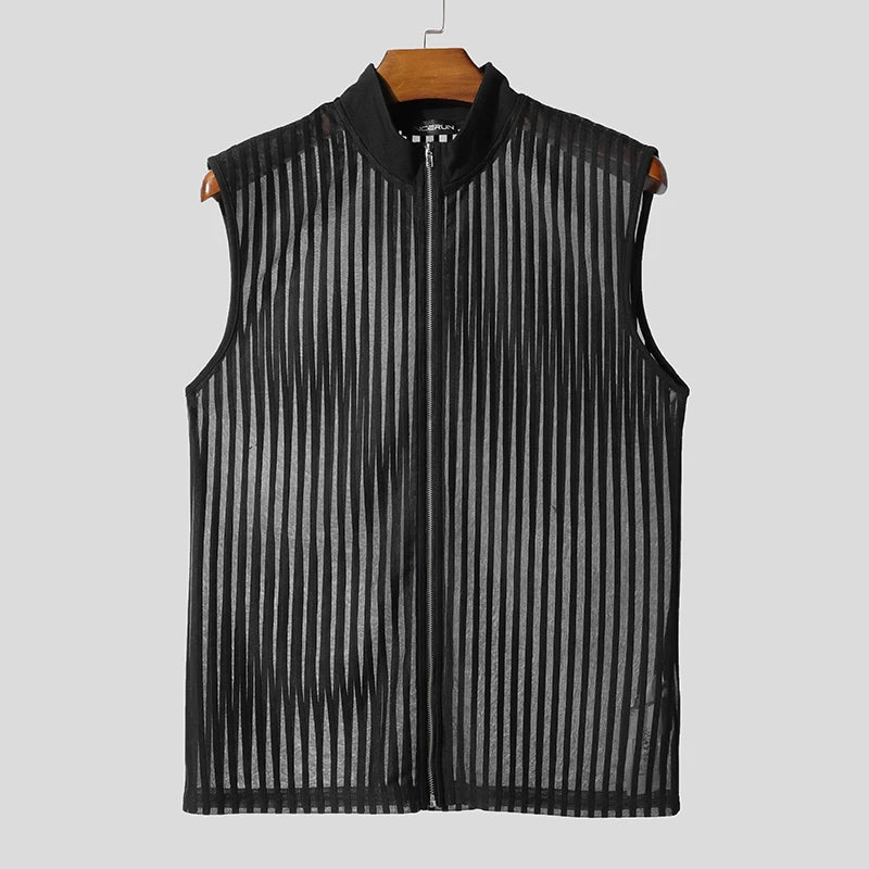 Summer Men's Tank Tops Striped Mesh Transparent Zipper Sleeveless Male Vests Streetwear Sexy 2025 Fashion Men Clothing voguable
