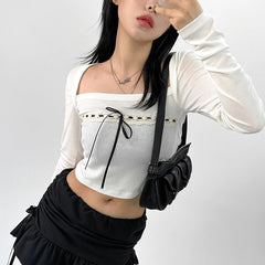 Voguable Cute Casual Ribbons Lace-up Bow Top Coquette Style Square Collar Long Sleeve T-shirts Korean Chic Basics Knitted Tops voguable