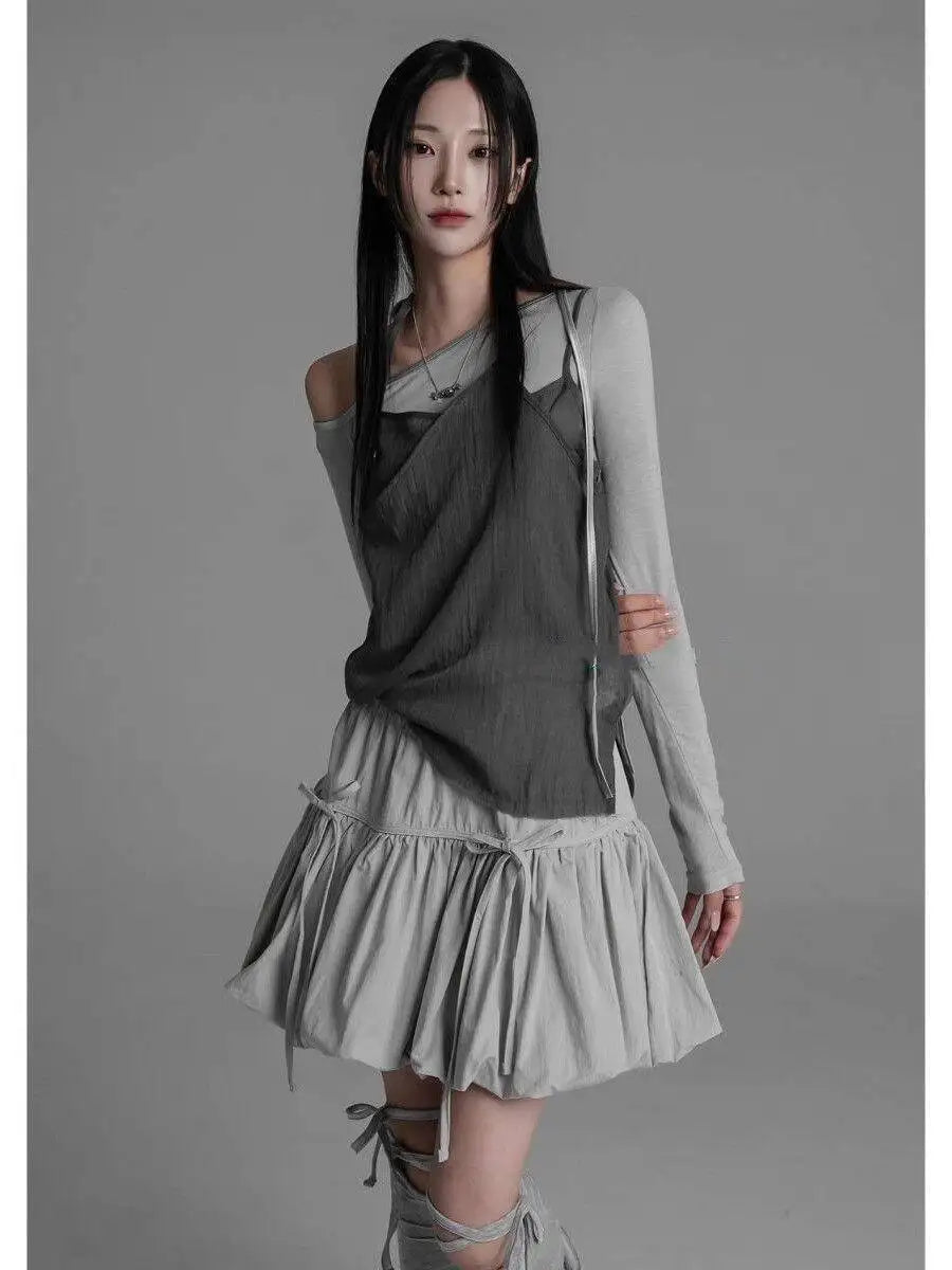 Women Y2k Bubble Mini Skirt Elastic Waist Ruffle Flare Puffy Skirt High Rise Cute Pleated Lace-up Bow Tie Lantern Short Skirt voguable