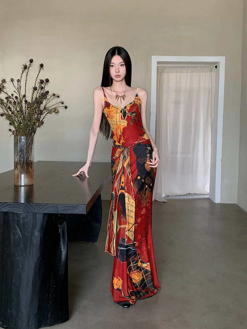 Designer Painted Long Dress For Woman Summer 2025 Mesh V Neck Sundress Boydocn Maxi Slip Dress Fashion Clothes voguable