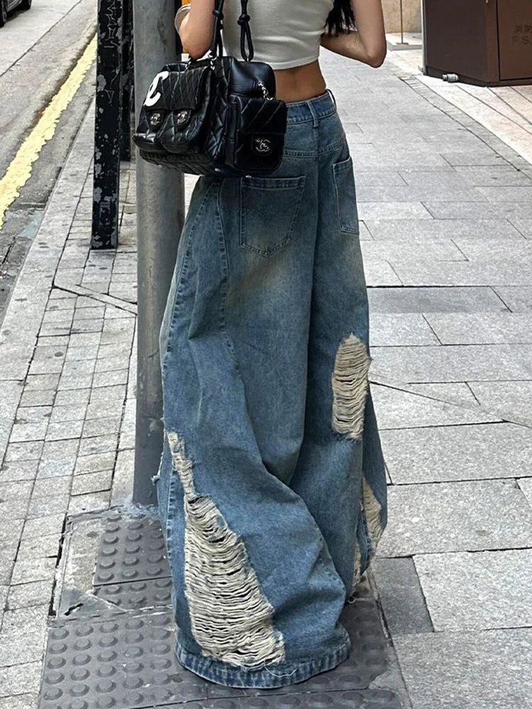 Women Hole Y2K Jeans Streetwear Sexy Low Waist Retro American Denim Pants Loose Pockets Vintage Bf Wide Leg Trousers Fall voguable