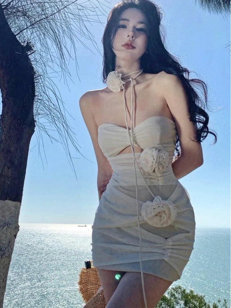 Voguable Summer Floral Sexy Elegant Dress Women Ruffled France Party Mini Dress Female Backless Korean Fashion Designer Fairy Dress voguable