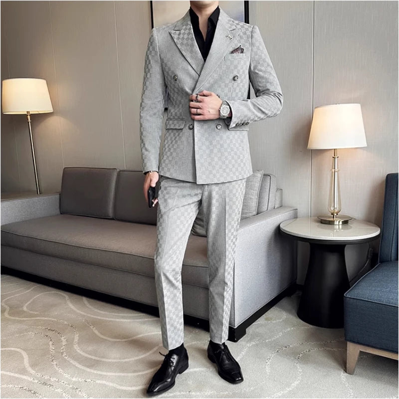 Voguable （Jacket+Vest+Pants）Classic Plaid Korean Slim-fit Men's High-end Banquet Dress Suit Fashion Men Formal Business Social Host Suit voguable