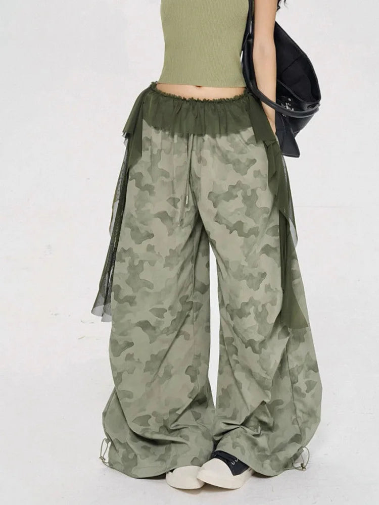 Lace Patchwork Camouflage Pant Women Y2K Hip Hop Streetwear Cargo Trousers Vintage High Waist American Fall Design Wide Leg Pant voguable