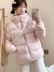 Zoki Winter Cute Pink Puffy Parkas Women Warm Thick Long Sleeve Sweet Cotton Coat Casual Stand Collar Preppy Style Korean Jacket voguable