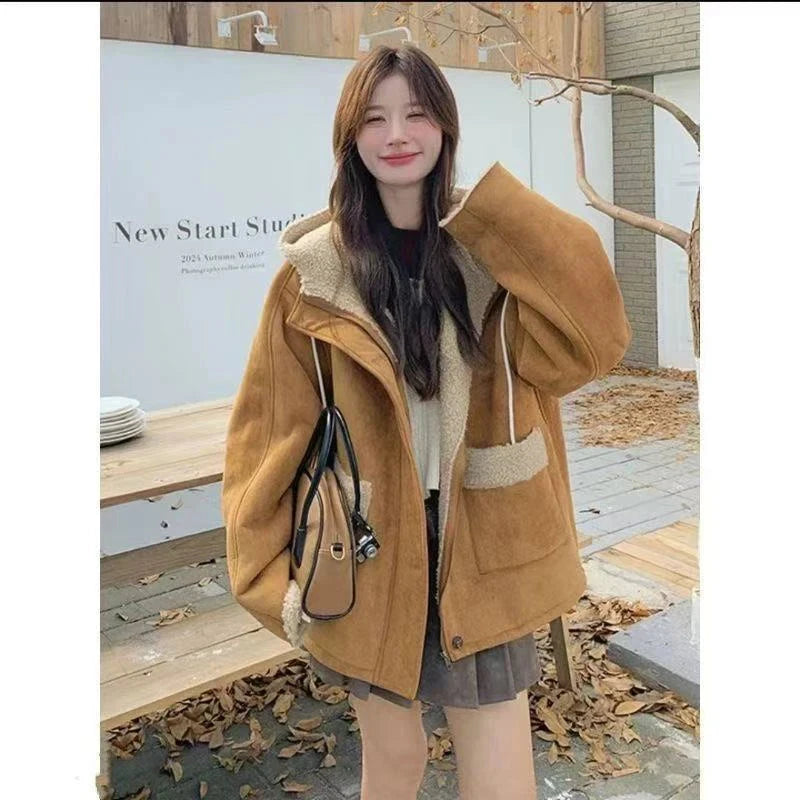 Y2K Streetwear Faux Lamb Suede Jacket Women Vintage Winter Long Sleeve Hooded Coat American Retro Loose Lady Pockets Warm Tops voguable