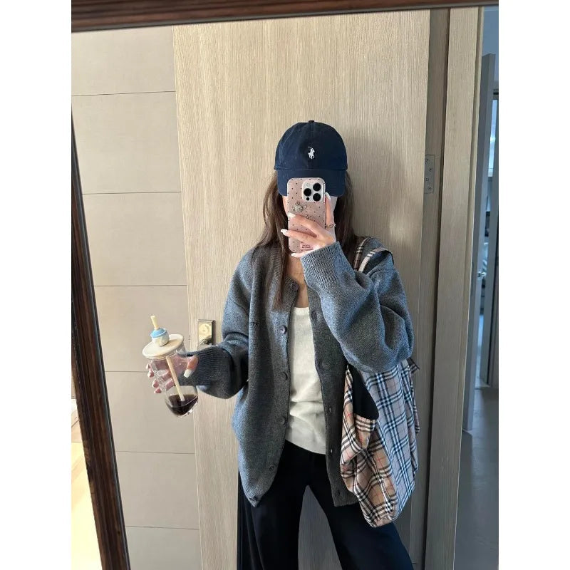 Voguable  American Retro Cardigan Sweater Jacket Women's Autumn College Style Relaxed Versatile Black Knitted Top Winter voguable