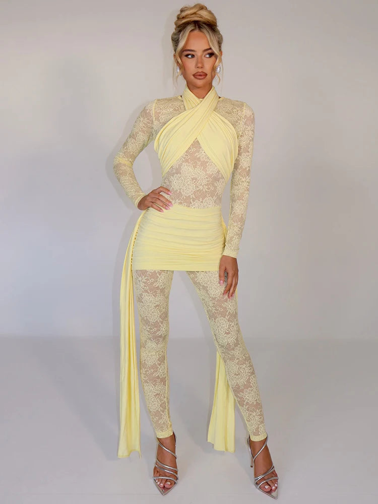 Sexy Lace Jumpsuit Women Sheer Lace Patchwork Long Sleeve Jumpsuits Female Elegant Draped Ruched Skinny Jumpsuit voguable