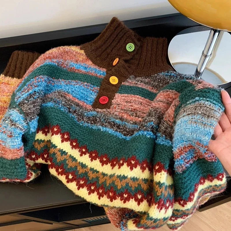 Vintage Print Harajuku Sweater Women Loose Fall Winter Sweet Knitted Jumper Casual Stand Collar Long Sleeve American Retro Tops voguable