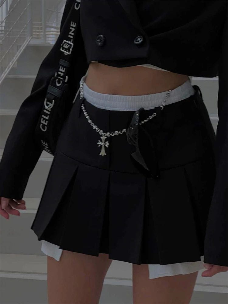 Taruxy New Mini Skirt For Women Cute High Waist Fashion Y2K Skirts Set 2022 Casual Streetwear Womens Bottom Black Pleated Skirts voguable