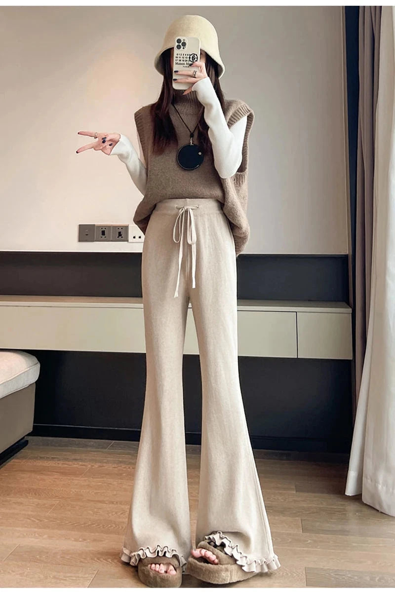 Ruffles Knitted Flare Pant Women High Waist Fashion Loose Fall Winter Trousers Korean Chic Elegant Lady Sweet Solid Pants voguable