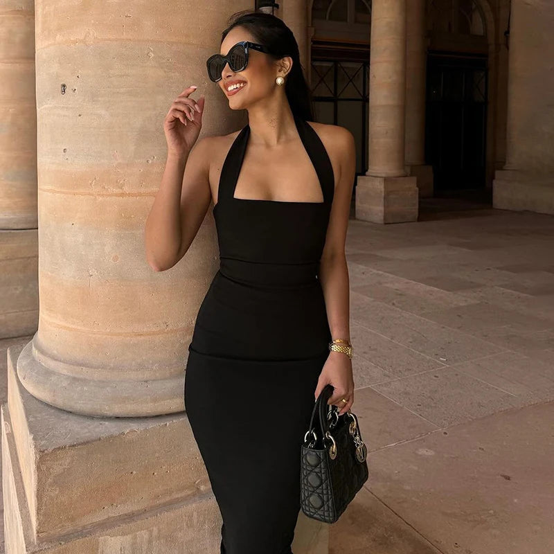 TARUXY One-Shoulder Bodycon Black Evening Dress For Women Sexy Backless Sleeveless Neck-Mounted Long Party Dress Female Elegant voguable