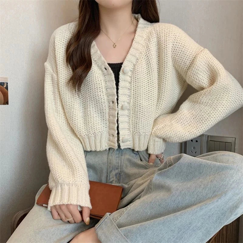Sexy Cropped Sweet Cardigan Women V Neck Vintage Slim Long Sleeve Knitted Sweaters Korean Causal Simple Solid Lady Fall Tops New voguable