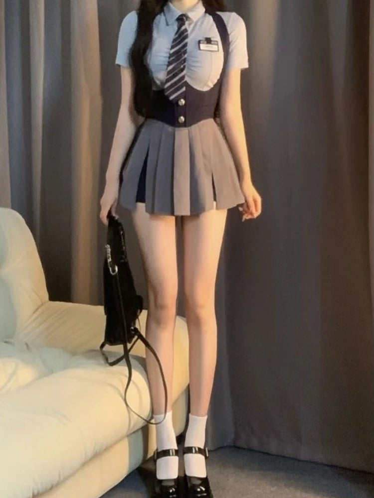 Voguable Autumn College Style JK Uniform Set Slim Shirt with Striped Tie Y2K Girls High Waist A- Line Pleated Skirt Fashion Suit voguable