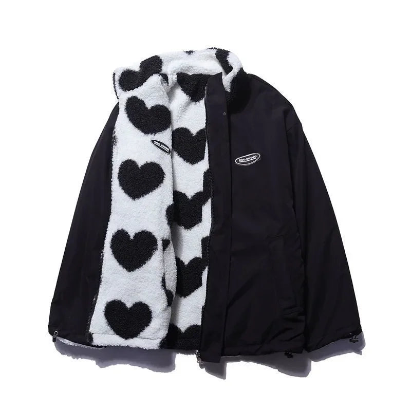 Love Print Lambswool Parkas Women Winter Double Sided Wear Thick Loose Zipper Casual Jacket Bf Harajuku Oversized Warm Outerwear voguable