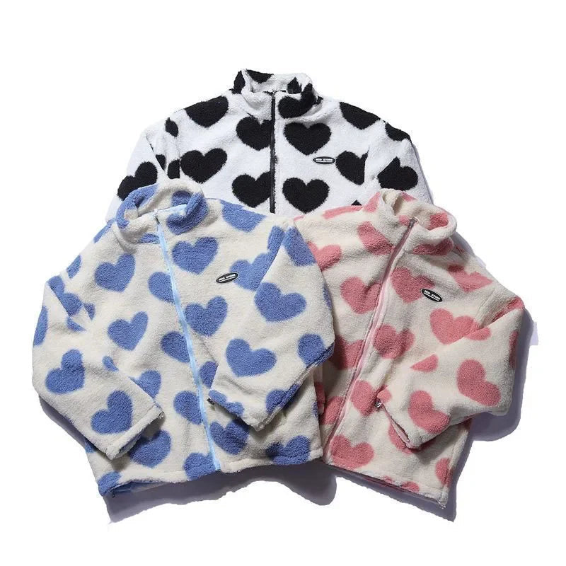 Love Print Lambswool Parkas Women Winter Double Sided Wear Thick Loose Zipper Casual Jacket Bf Harajuku Oversized Warm Outerwear voguable