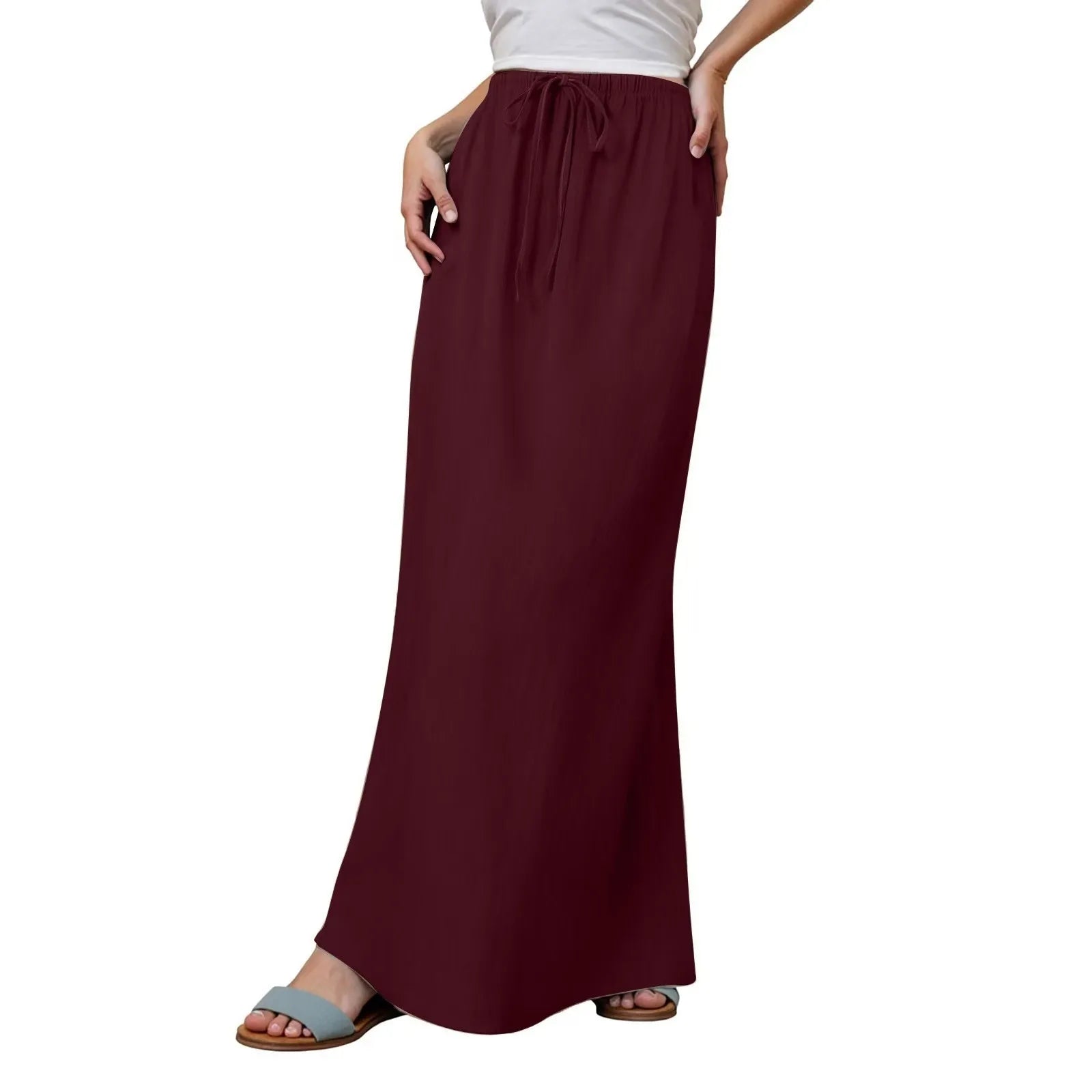 Voguable  Solid Color Straight Drawstring Elastic Waist Casual Ladies Skirt Summer Simple New Versatile Loose Long Skirt for Women voguable