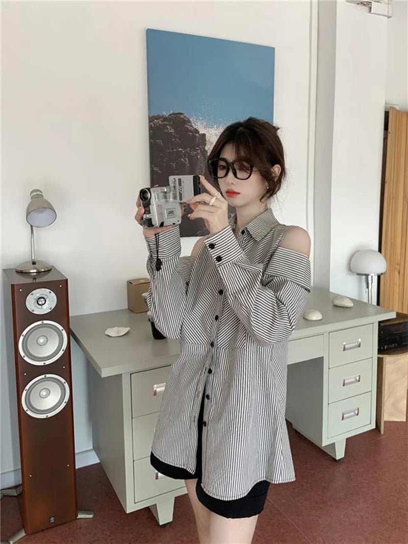 Hollow Out Striped Shirt Women Casual Long Sleeve Off Shoulder Blouse Korean Vintage Loose Design Female Retro Elegant Top voguable
