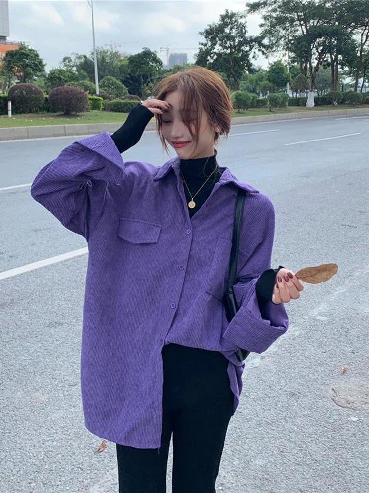 Voguable  Bf Women Corduroy Shirt Long Sleeve Spring Purple Loose Single Breasted Korean Ladies Turn Down Collar Shirt Coat voguable