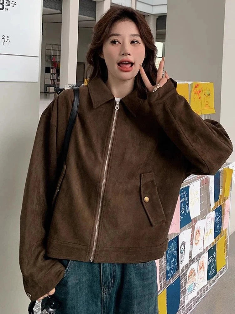 American Y2K Jacket Women Vintage Loose Faux Suede Long Sleeve Casual Coat Hip Hop Fall Winter Lady Streetwear New Outwear voguable