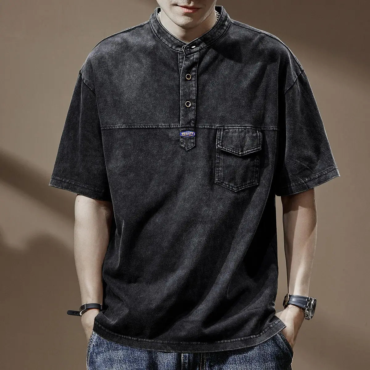 Voguable  Nostalgic Washed Summer New Polo Shirt Men's Heavy Fermentation Short-sleeved T-shirt Loose O-neck Half-sleeved T-shirt voguable
