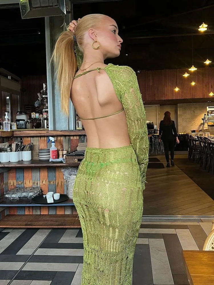 TARUXY See Through Backless Sexy Dress For Women Summer Hollow Out Kintted Maxi Dresses Femme Club Fashion Solid Vestido Woman voguable