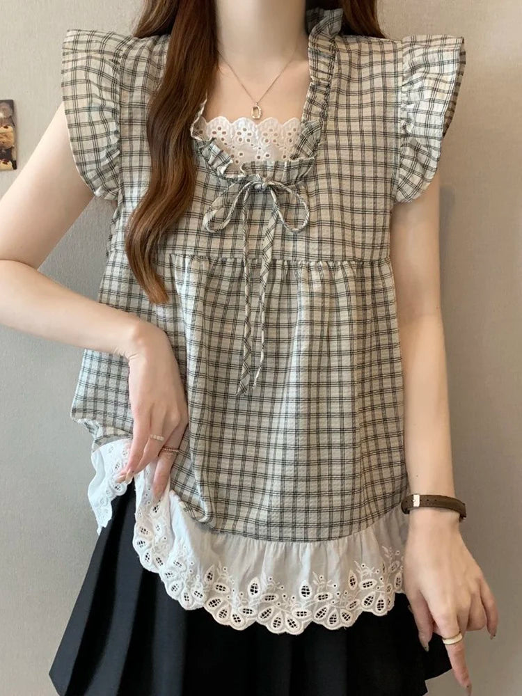 Lace Patchwork Plaid Shirt Women Casual Loose Flying Sleeve Vintage Blouse Preppy Style Sweet Korean Lady Retro Summer Tops voguable