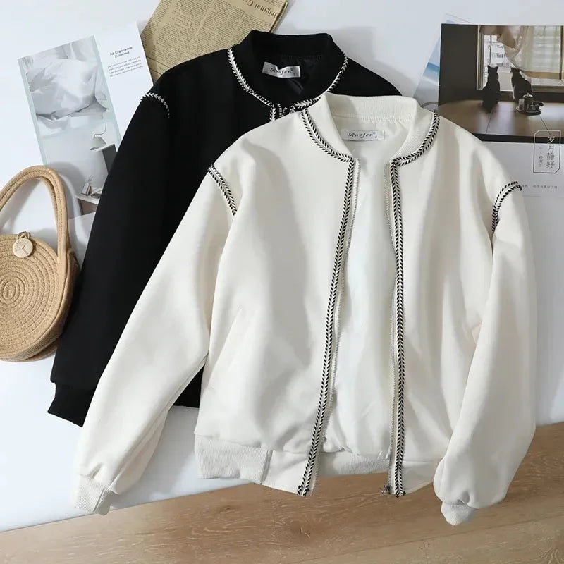 Vintage Stripe Splicing Women Jacket Y2K Autumn Korean V Neck Loose Baseball Coats Female Harajuku All-Match Warm Outwear New voguable