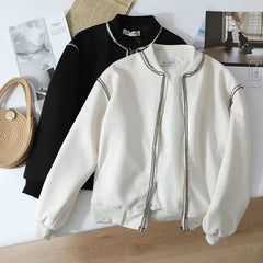 Vintage Stripe Splicing Women Jacket Y2K Autumn Korean V Neck Loose Baseball Coats Female Harajuku All-Match Warm Outwear New voguable