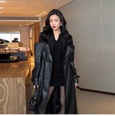 Autumn Long Black Patchwork Pu Leather Trench Coat for Women Double Breasted Loose Stylish Luxury Designer Clothing
