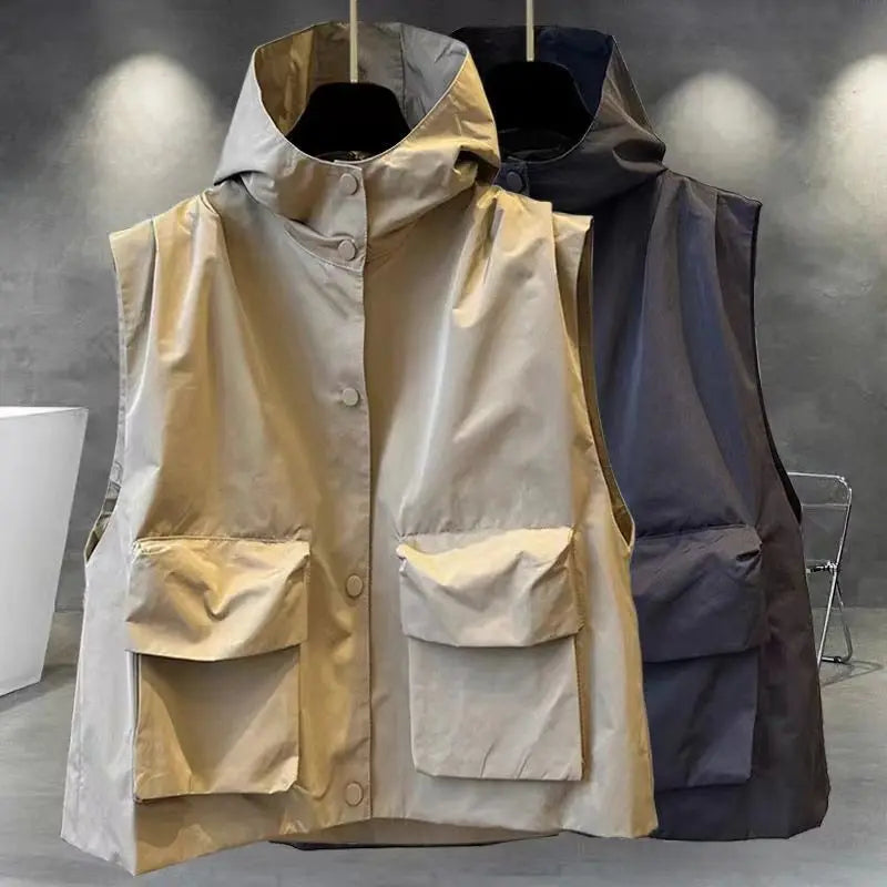 Voguable  Workwear Cargo Vest Coat Couple Solid Color Hooded Outer Vest Autumn Korean Punk Pocket Hooded Jacket Unisex Loose Streetwear voguable